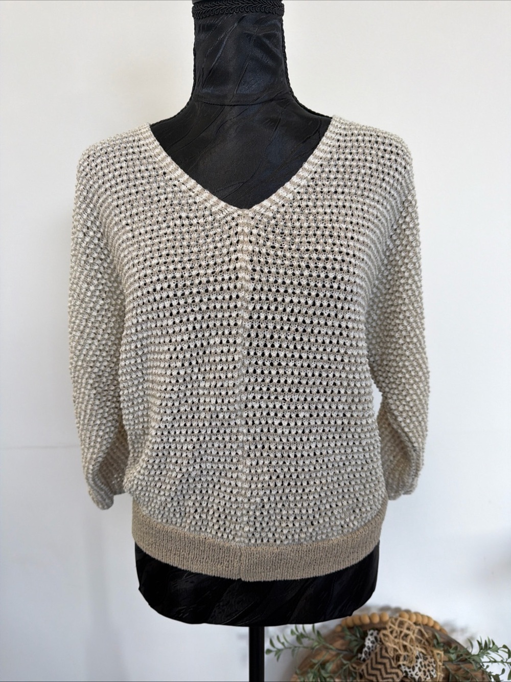 V-Neck Open Knit Sweater in Light Beige
